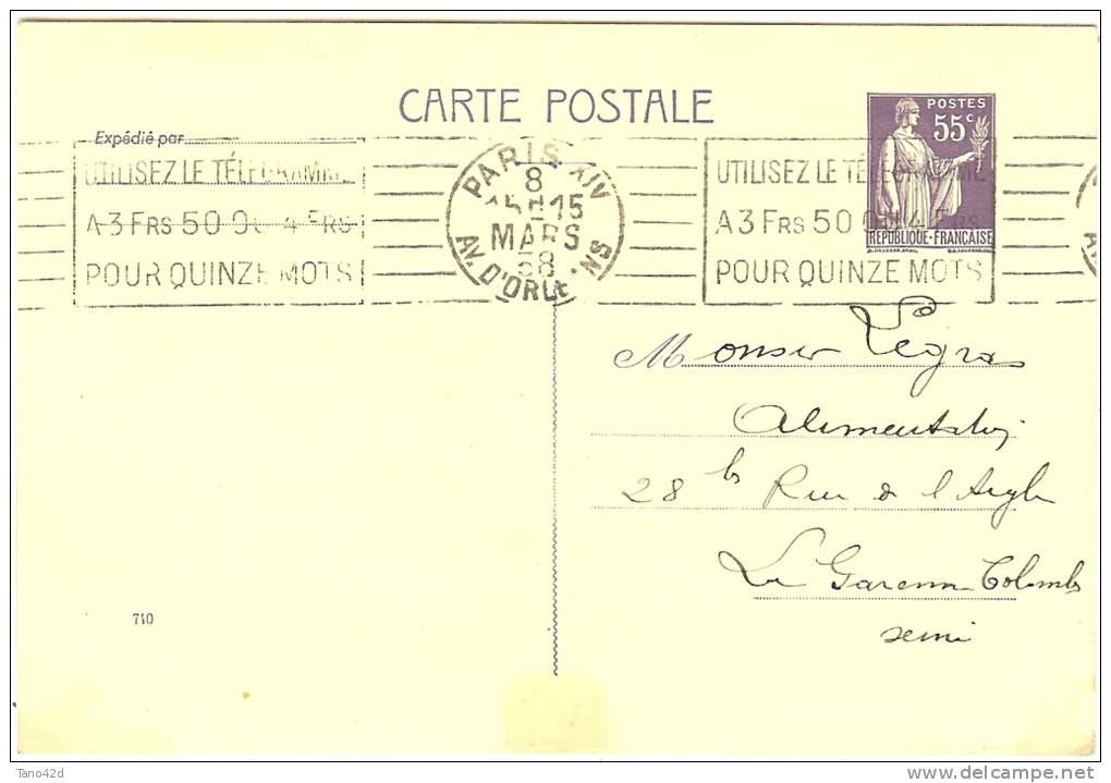 REF LDR5 / 6 - EP CP PAIX 55c REPIQUAGE QUANTIN PARIS / LA GARENNE COLOMBES 8/3/1938 - Postales  Transplantadas (antes 1995)