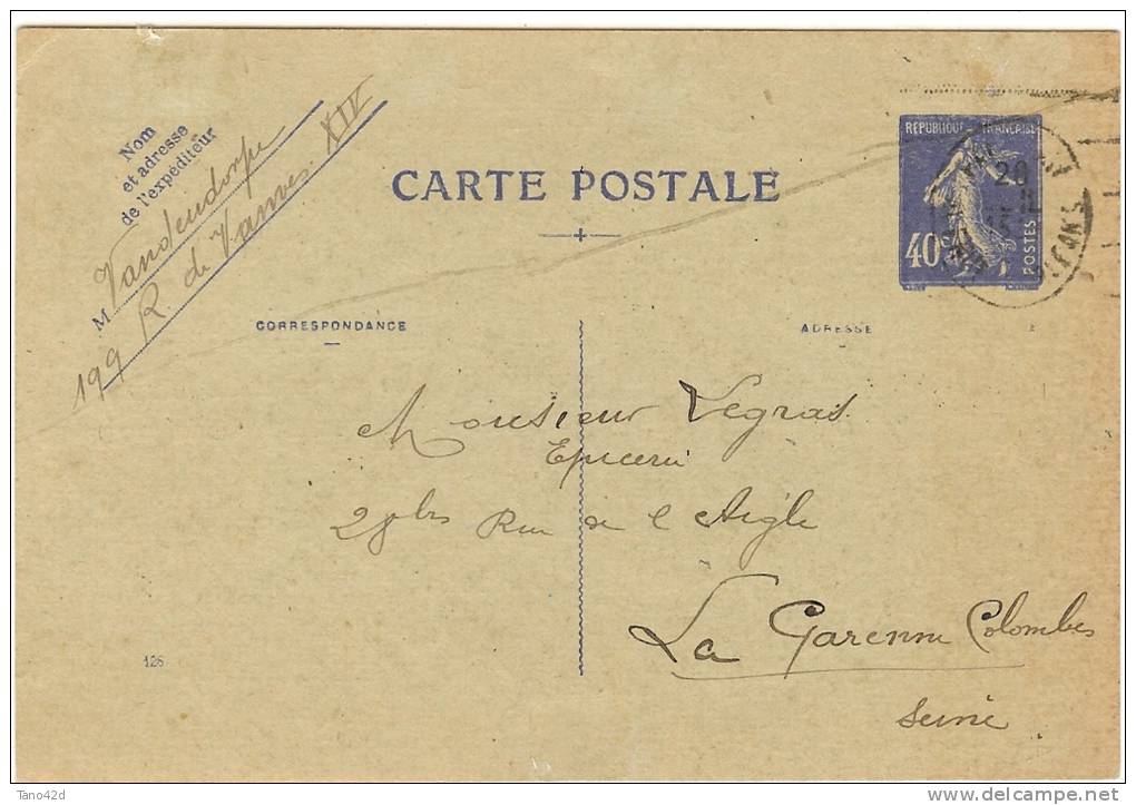 REF LDR5 / 6 - EP CP SEMEUSE CAMEE 40c REPIQUAGE QUANTIN PARIS / LA GARENNE COLOMBES 20/7/1932 - Cartoline Postali Ristampe (ante 1955)