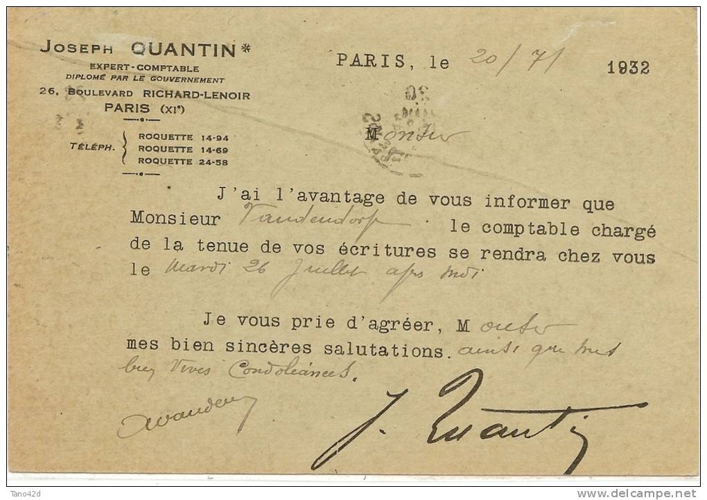 REF LDR5 / 6 - EP CP SEMEUSE CAMEE 40c REPIQUAGE QUANTIN PARIS / LA GARENNE COLOMBES 20/7/1932 - Cartoline Postali Ristampe (ante 1955)