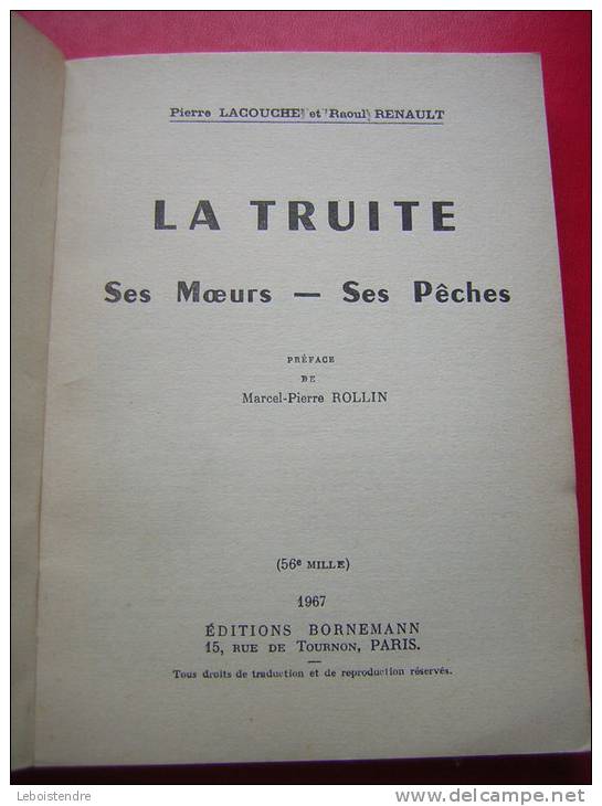 P.LACOUCHE-R.RENAULT-1967 EO -LA TRUITE-SES MOEURS SES PÊCHES-PREFACE DE M.-P.ROLLIN-EDITIONS BORNEMANN