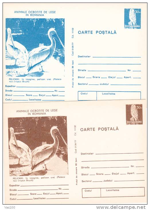 Pélicans Pelicanus - 1977 2X Diff. Color! Entier Postal,stationery Card,unused Romania. - Pélicans
