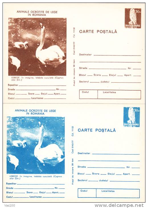 Oiseaux;Cygnus Olor  - 1977 2X Diff. Color! Entier Postal,stationery Card,unused Romania. - Swans