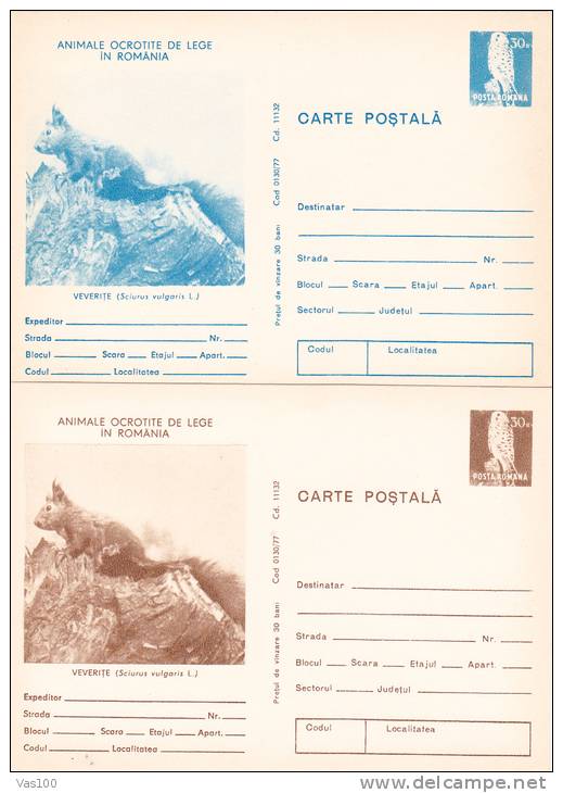 Squirrel,écureuil,1977 PC 2x Diff.color,entier Postal Card Stationery Rare! Unused Romania. - Roedores