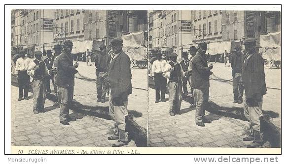 CARTE STEREO SCOPIQUES )) SCENES ANIMEES  LL  10  REMAILLEURS DE FILETS /  ANIMEE - Stereoscope Cards