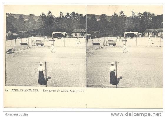 CARTE STEREO SCOPIQUES )) SCENES ANIMEES  LL  18  UNE PARTIE DE LAWN TENNIS   ANIMEE - Stereoskopie