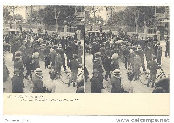 CARTE STEREO SCOPIQUES )) SCENES ANIMEES  LL  23  L ARRIVEE D UNE COURSE D AUTOMOBILES  / ANIMEE - Cartes Stéréoscopiques