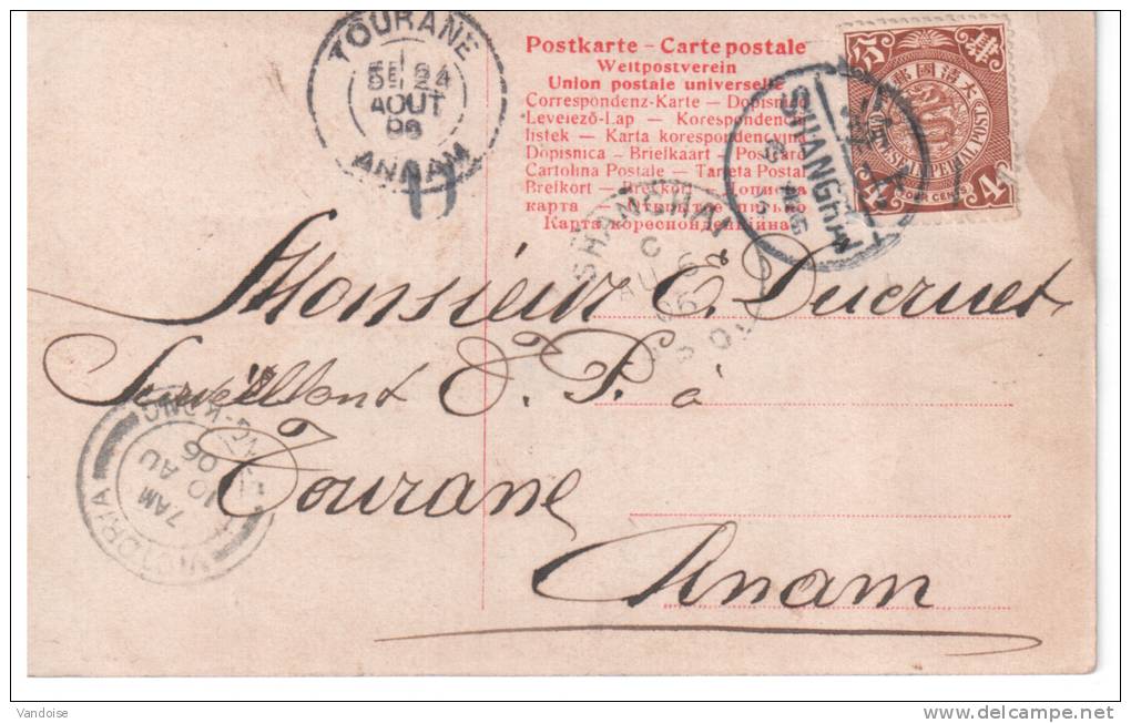 CARTE POSTALE 1906 AVEC CACHET DE SCHANGHAI A DESTINATION DE TOURANE -ANNAM- - Storia Postale