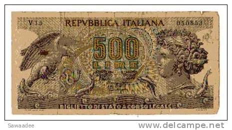 BILLET ITALIE - P.93a - 1966 - 500 LIRES - ARETHUSE - AIGLE CHASSANT UN SERPENT - DAUPHIN - 500 Lire