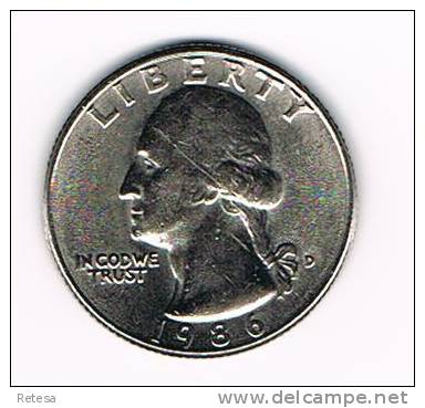 U.S.A.  WASHINGTON  1/4 DOLLAR  1986 D - 1932-1998: Washington