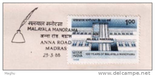 India 1988 FDC + Information / Data,  Malayala Manorama, Newspaper, Jounalism, Tree Over Elephant, Pen, - Elefanten