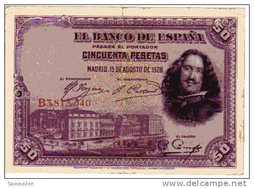 BILLET ESPAGNE - P.75 - 15/08/1928 - 50 PESETAS - VELAZQUEZ - 50 Pesetas