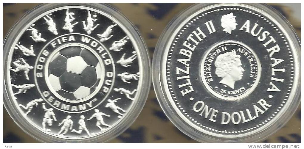 AUSTRALIA 25 CENTS & $1 FOOTBALL SPORT GERMANY FRONTQEII HEAD BACK 2006 PROOF1Oz.999 SILVER READ DESCRIPTIONCAREFULLY!!! - Otros & Sin Clasificación