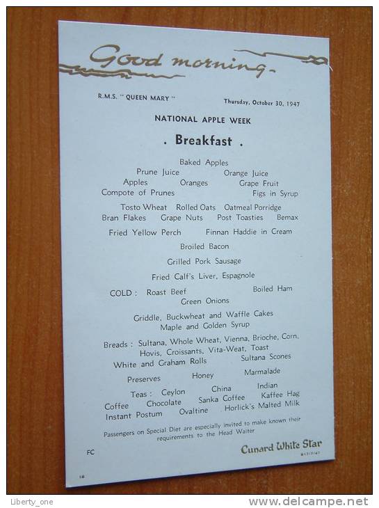 R.M.S. " QUEEN MARY " BREAKFAST 30 October 1947 ( Cunard White Star ) ( Details Zie Foto ) ! - Programmes