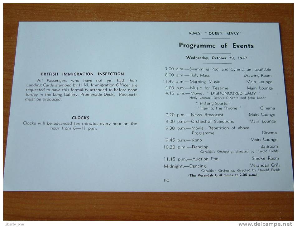 R.M.S. " QUEEN MARY " PROGRAMME OF EVENTS - 29 October 1947 ( Cunard White Star / Details Zie Foto ) ! - Programmes