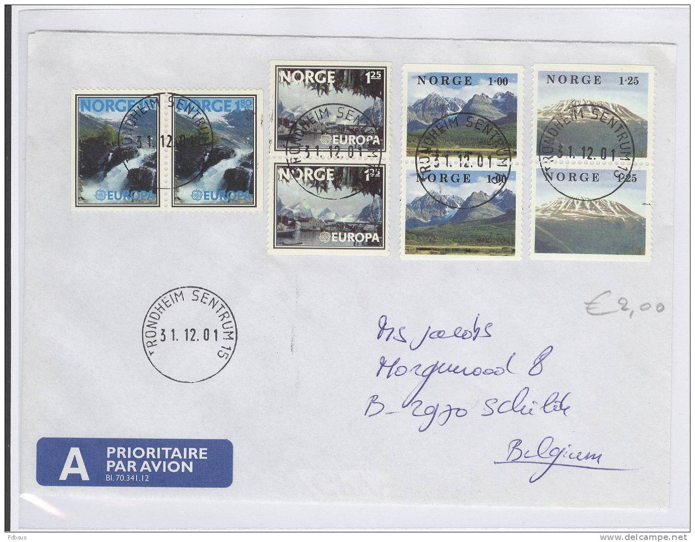 2001 ENVELOPPE TRONDHEIM TO BELGIE - STAMPS ZEGELS LANDSCAPE MOUNTAINS BERGEN - Storia Postale