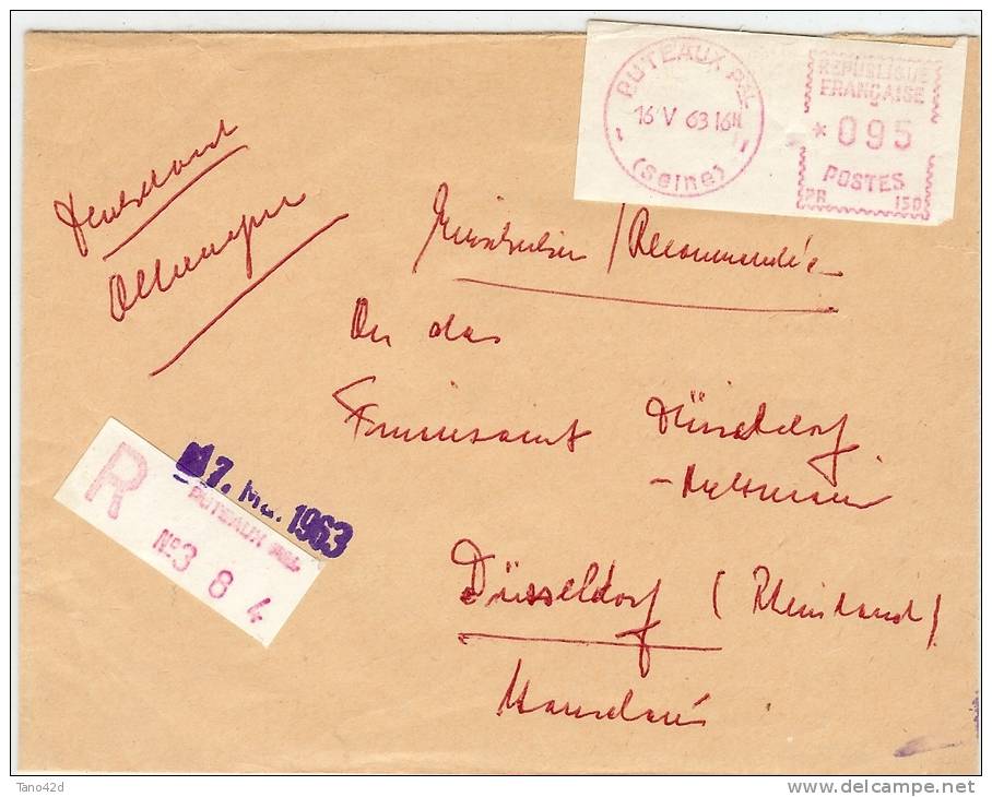 REF LANV 1 - TIMBRE DE DISTRIBUTEUR PUTEAUX 95c SUR LETTRE  RECOMMANDE POUR DUSSELDORF 16/5/1963 - Covers & Documents