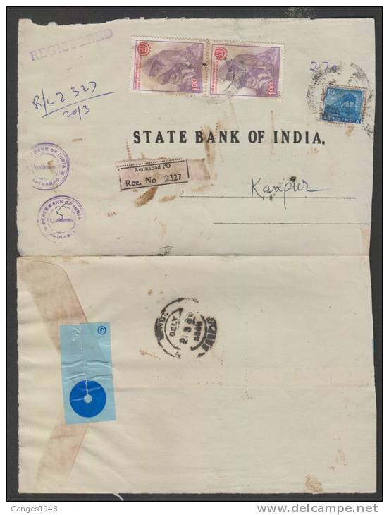 India 1980  IYC  1 Rupee X 2  LABELS USED ON REGISTERED COVER...ACCEPTED AS POSTAGE BY POST OFFICE # 27031  Indien Inde - Fantasie Vignetten