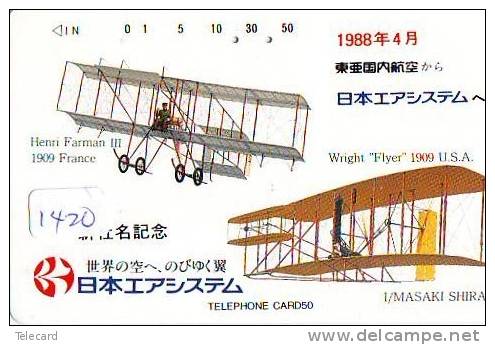 Télécarte Japon * AVION (1420) HENRI FARMAN FRANCE *   AIRLINES * AIRPORT * AIRPLANE *  PHONECARD * JAPAN TK - Airplanes