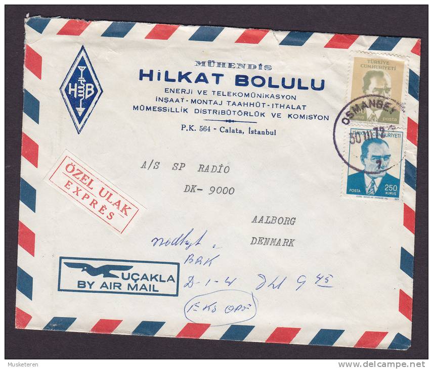 Turkey EXPRESS Airmail UCAKLA Labels HILKAT BOLULU Istanbul OSMANBEY 1972 Cover To AALBORG Denmark (2 Scans) - Poste Aérienne