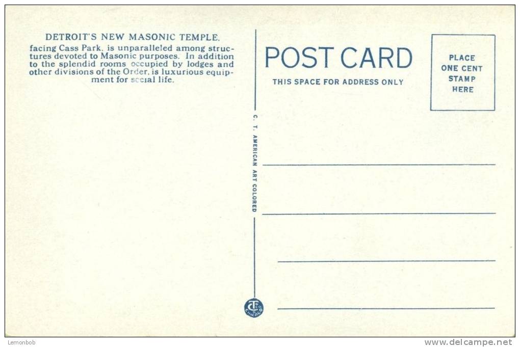 USA – United States – New Masonic Temple, Detroit, Michigan, 1920s Unused Postcard [P5507] - Detroit