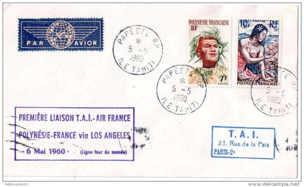 ENVELOPPE 1ere LIAISON AERIENNE-1er VOL  POLYNESIE-FRANCE1960  T.A.I.jet - Primeros Vuelos