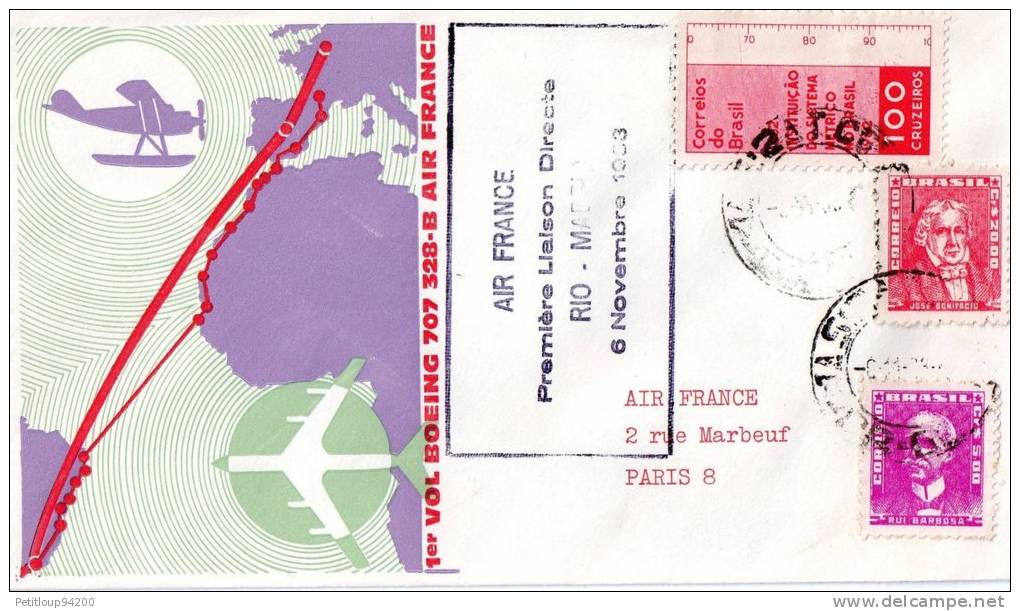 ENVELOPPE 1ere LIAISON AERIENNE-1er VOL  RIO-MADRID 1963 AIR FRANCE - Airmail