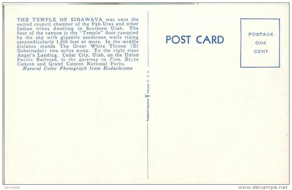 USA – United States – The Temple Of Sinawava, Zion National Park, Utah, Unused Postcard [P5541] - Zion