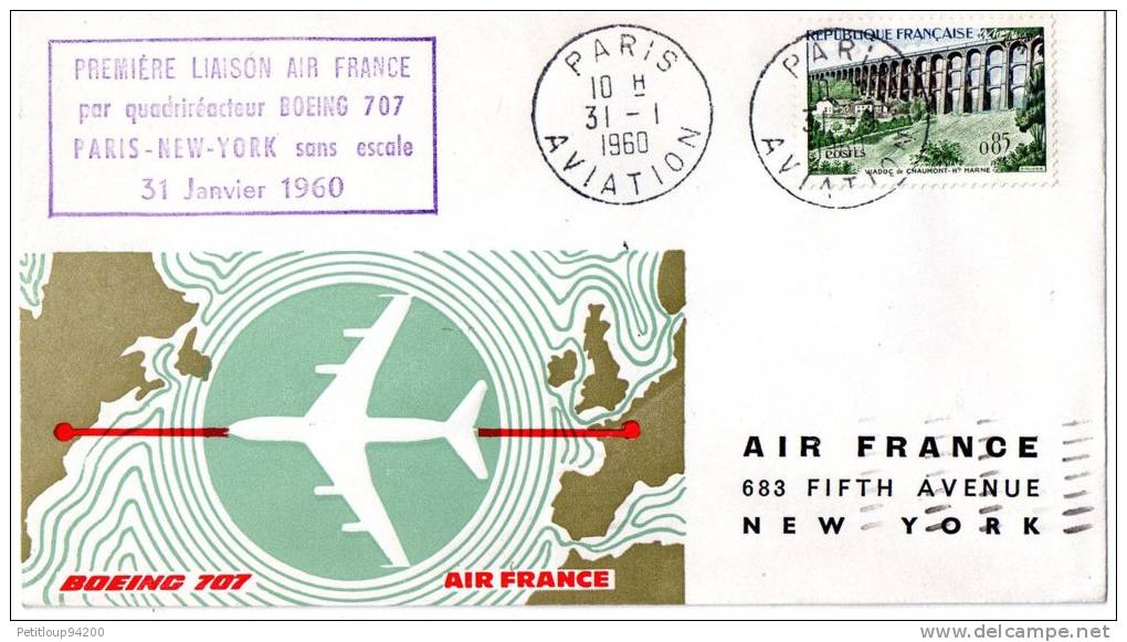 ENVELOPPE 1ere LIAISON AERIENNE-1er VOL  PARIS-NEW-YORK 1960 AIR FRANCE - Erst- U. Sonderflugbriefe