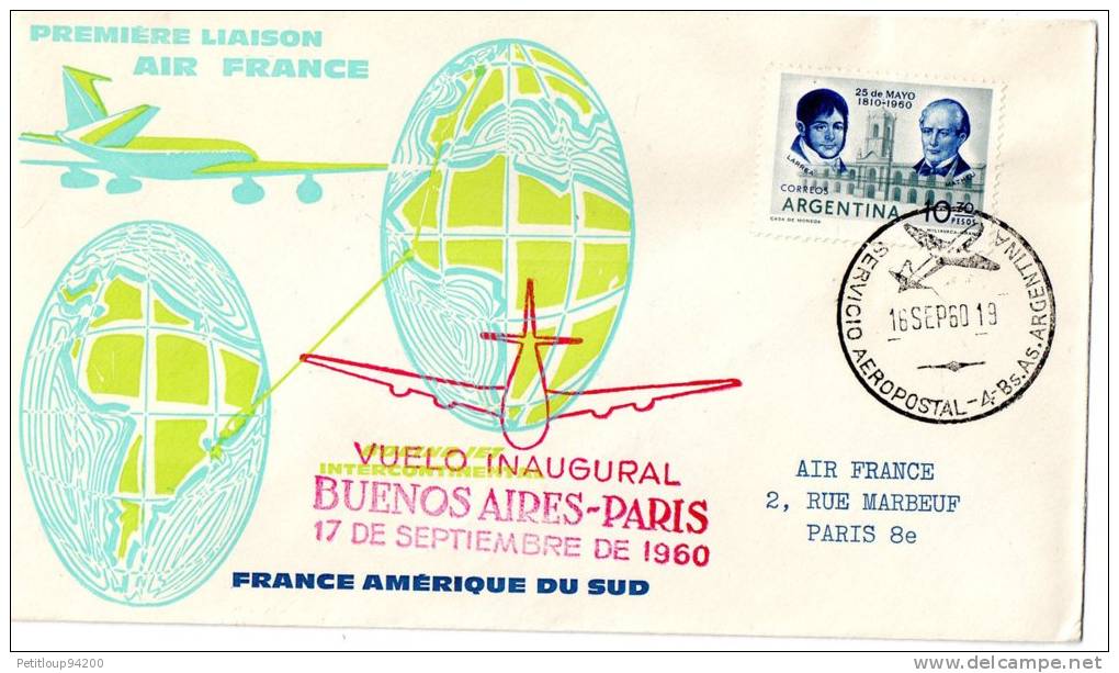 ENVELOPPE 1ere LIAISON AERIENNE-1er VOL  BUENOS AiRES- PARIS 1960  AIR FRANCE - Luchtpost