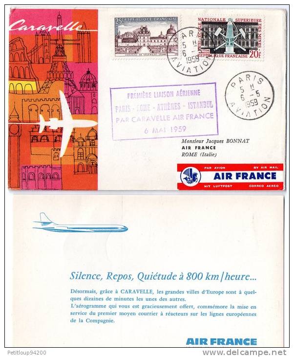 ENVELOPPE 1ere LIAISON AERIENNE-1er VOL  PARIS-ROME  1959 AIR FRANCE - Eerste Vluchten