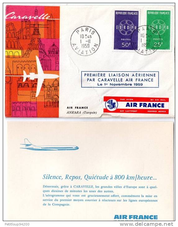 ENVELOPPE 1ere LIAISON AERIENNE-1er VOL  PARIS-ANKARA 1959  AIR FRANCE - Erst- U. Sonderflugbriefe