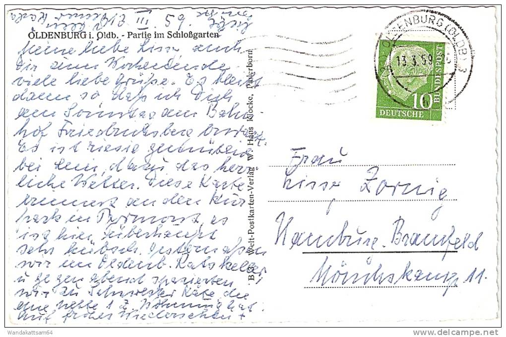 AK Oldenburg I. Oldb. Partie Im Schloßgarten 13. 3. 59 - 20 (23) OLDENBURG (OLDB) 3 H Nach Hamburg Mit 1 X 10 PF DEUTSCH - Oldenburg (Holstein)