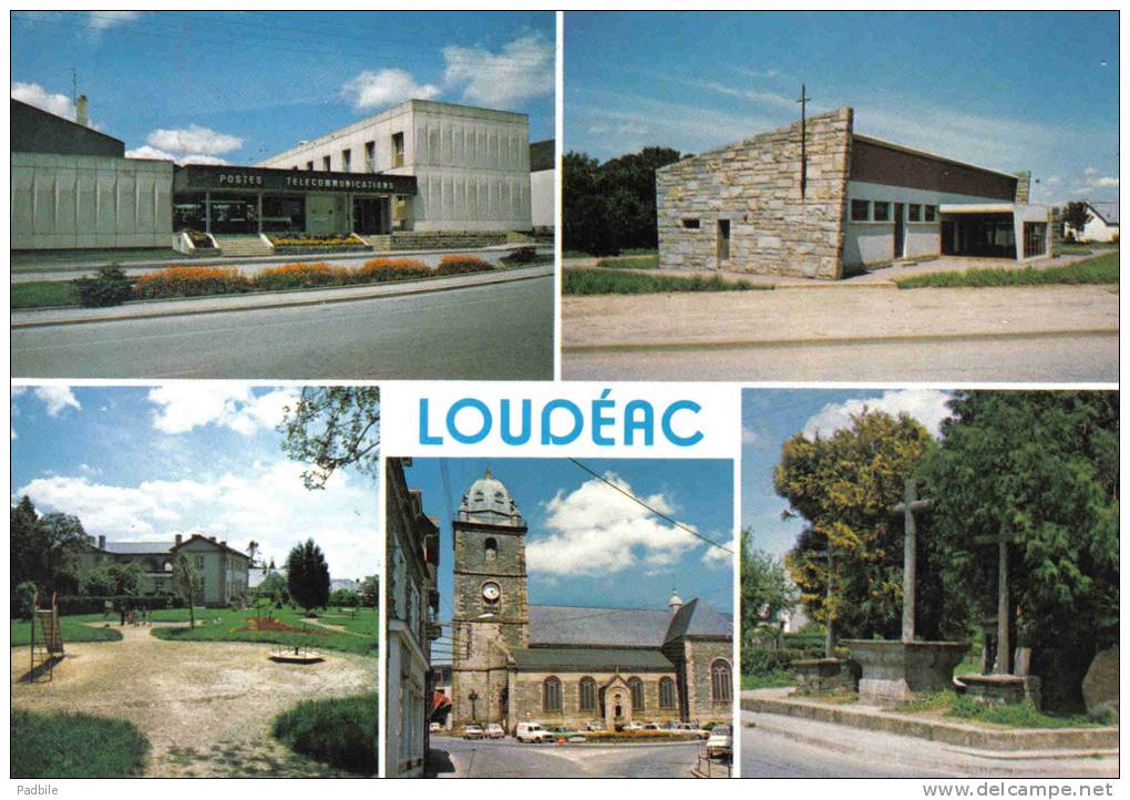 Carte Postale 22. Loudéac  La Poste Le Calvaire  L'église Trés Beau Plan - Loudéac