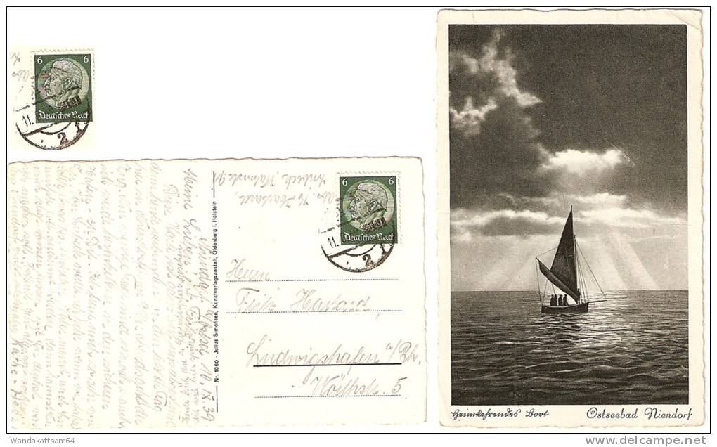 AK 1060 Heimkehrendes Boot Ostseebad Niendorf 11. 9. 39 ..... 2 Nach Ludwigshafen Rhld. Mit 1 X 6 PF DEUTSCHES REICH - Timmendorfer Strand