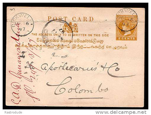 CEYLON – 1897 – 2C POSTAL STATIONERY CARD – USED - Ceylon (...-1947)