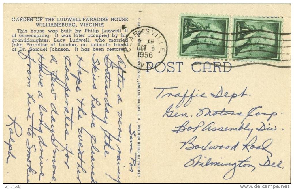 USA – United States – Garden Of Ludwell-Paradise House, Williamsburg, Virginia, 1956 Used Linen Postcard [P5593] - Other & Unclassified