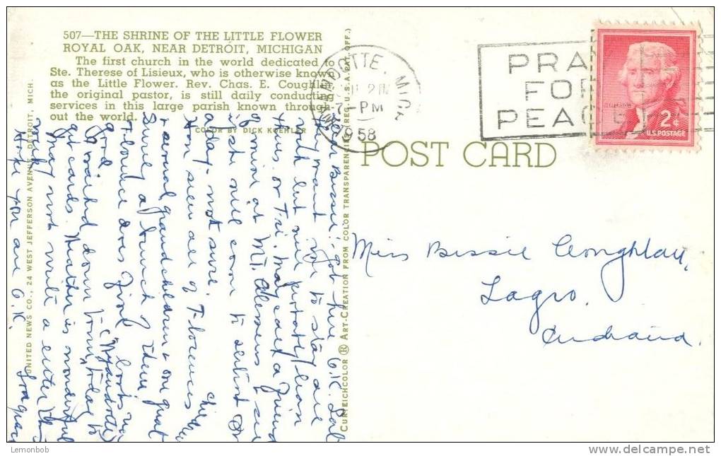 USA – United States – The Shrine Of The Little Flower Royal Oak, Near Detroit, Michigan, 1958 Used Postcard [P5602] - Detroit