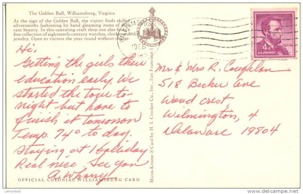 USA – United States – The Golden Ball, Williamsburg, Virginia, 1966 Used Postcard [P5613] - Other & Unclassified