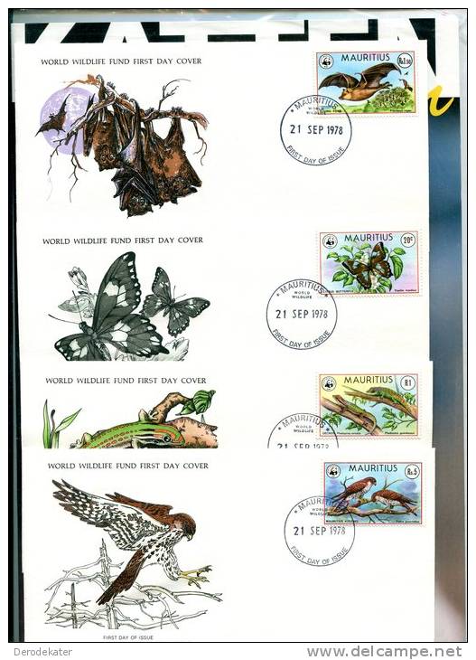 Mauritius 1978 WWF 4 FDC Fauna. Kestrel.Butterfly.Flying Fox.Geckos. Papillon.Faucon Crécerelle. Good. New! - Maurice (1968-...)