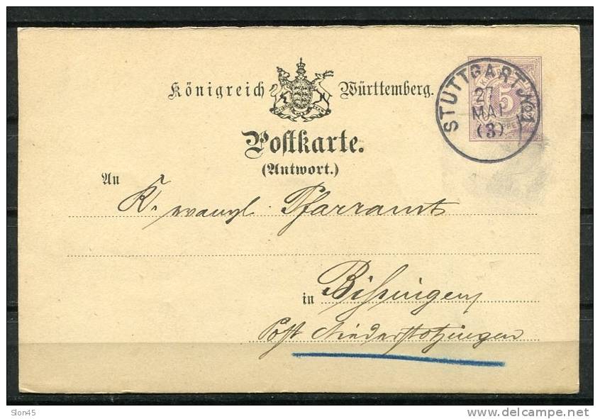 Germany/Wurttemberg 1882 Postal Stationary Card(reply( Sent  From Stuugart - Enteros Postales