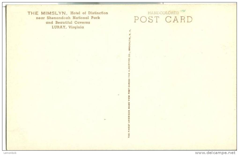 USA – United States – The Mimslyn, Hotel Of Distinction, Luray, Virginia, Early 1900s Unused Postcard [P5652] - Other & Unclassified