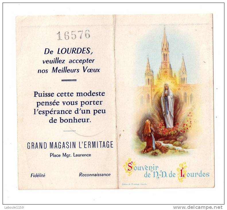 IMAGE PIEUSE Calendrier Publicitaire 1957 : "Souvenir De Notre Dame De Lourdes - Grand Magasin L´ Ermitage" - Images Religieuses