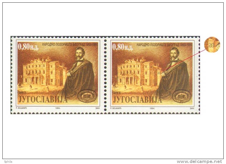 Jugoslawien – Yugoslavia 1994 Natl Museum And Theater Anniv Sheets; Hidden Mark ("engraver") In The Position #11 And #13 - Ungebraucht