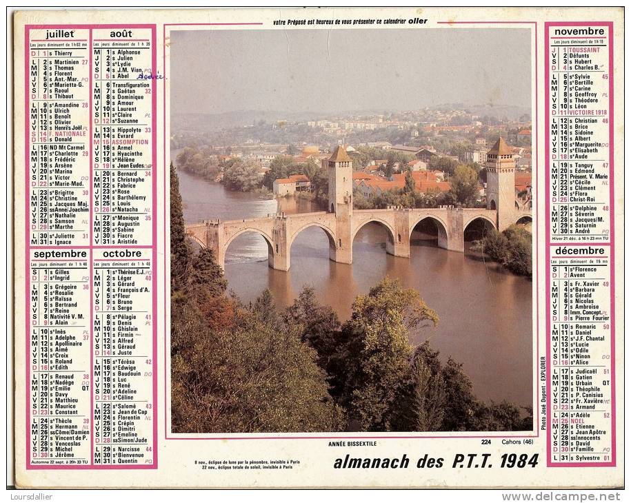CALENDRIER ALMANACH DES P.T.T.  1984  CAHORS LOCHES - Formato Grande : 1981-90