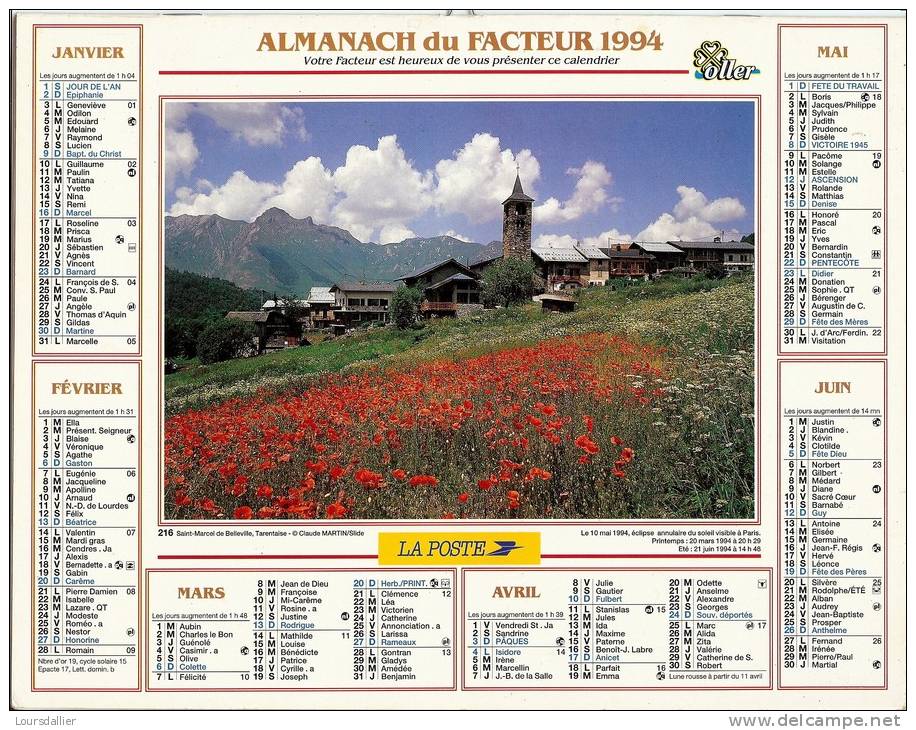 CALENDRIER ALMANACH DES P.T.T.  1994 ST MARCEL DE BELLEVILLE  YVOIRE - Tamaño Grande : 1991-00