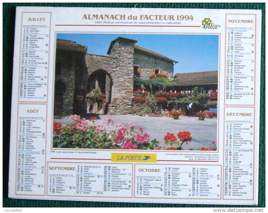 CALENDRIER ALMANACH DES P.T.T.  1994 ST MARCEL DE BELLEVILLE  YVOIRE - Grand Format : 1991-00