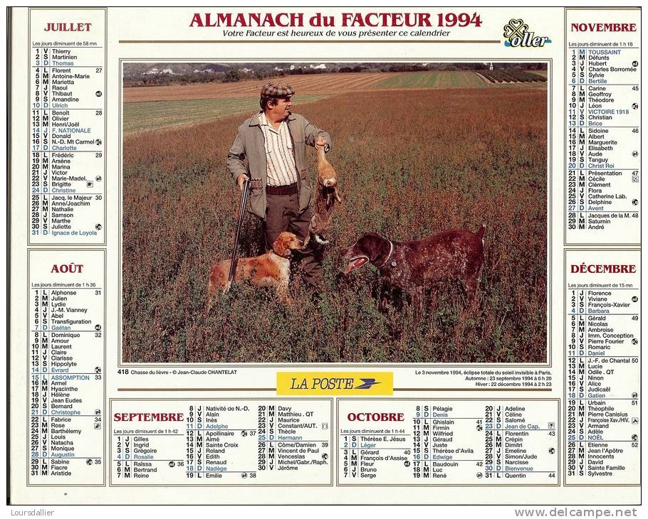CALENDRIER ALMANACH DES P.T.T.  1994 CHASSE DU LIEVRE AVEC CHIENS  D ARRET PECHE DE LA VAUDOISE - Big : 1991-00