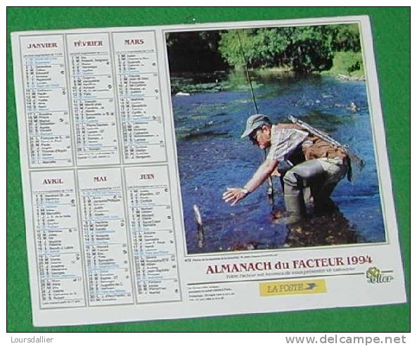 CALENDRIER ALMANACH DES P.T.T.  1994 CHASSE DU LIEVRE AVEC CHIENS  D ARRET PECHE DE LA VAUDOISE - Big : 1991-00