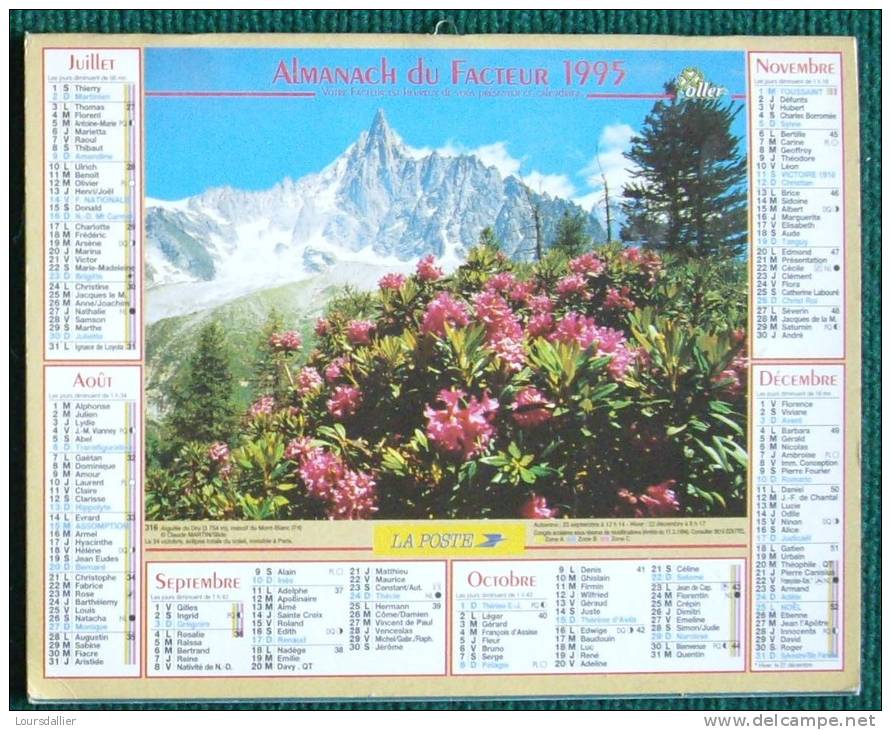 CALENDRIER ALMANACH DES P.T.T.  1995 FERMETTE DE RIEVAULTX ANGLETERRE  AIGUILLE DU DRU - Tamaño Grande : 1991-00