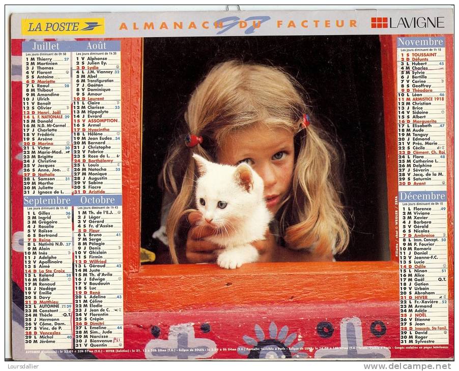 CALENDRIER ALMANACH DES P.T.T.  1997 PETITE FILLE AVEC CHATONS ET CHIOTS - Tamaño Grande : 1991-00